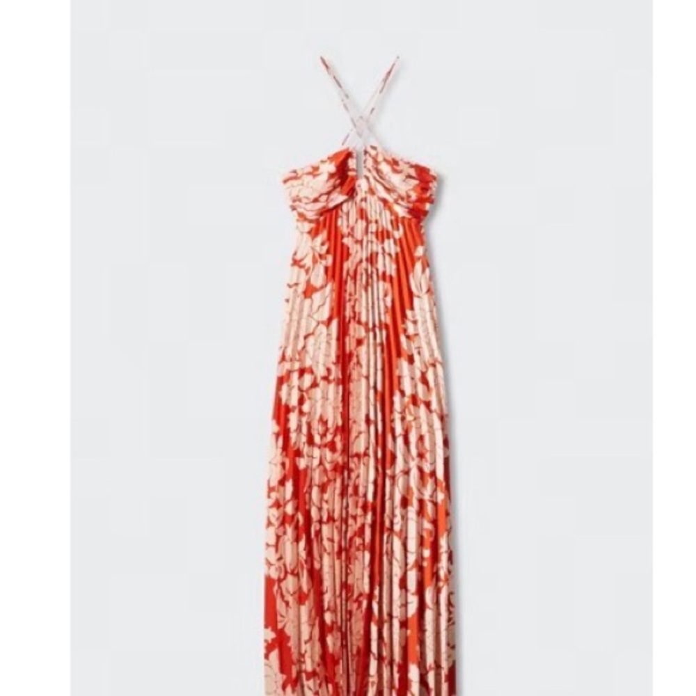 Pleated Floral Maxi Dress in Orange and Cream
